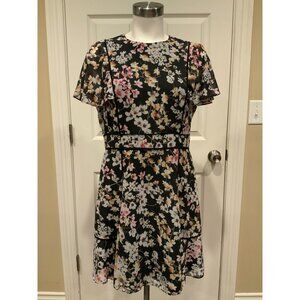 Ted Baker Kaarole Black W/ Yellow & Pink Floral Patterned Dress, Size 3 (Large)